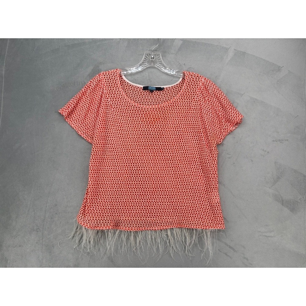 Eva Franco Top Womens Large Orange White Knit Feather Trim TA9813AN Boho Blouse